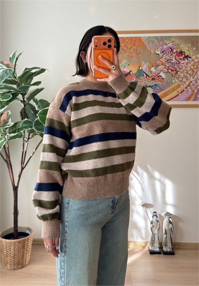 Renkli Çizgili Oversize Triko Kazak Vizon