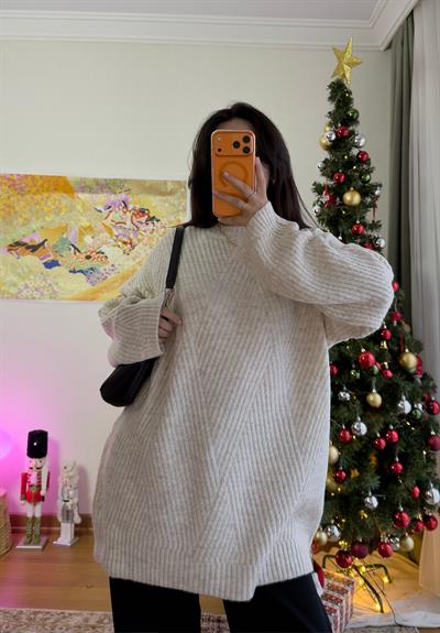 Riane Çizgi Detalı Oversize Kazak Bej