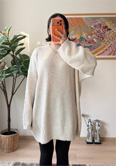 Riane Çizgi Detalı Oversize Kazak Bej