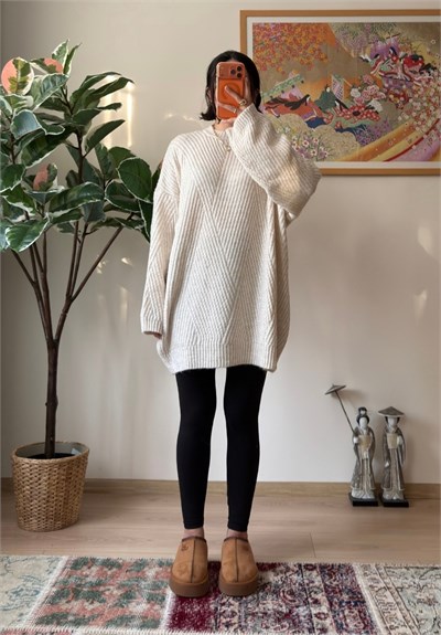 Riane Çizgi Detalı Oversize Kazak Bej