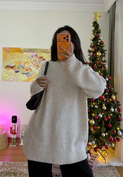Riane Çizgi Detalı Oversize Kazak Bej