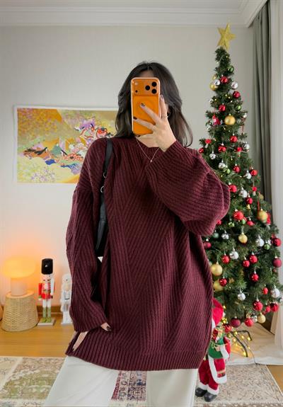 Riane Çizgi Detalı Oversize Kazak Bordo