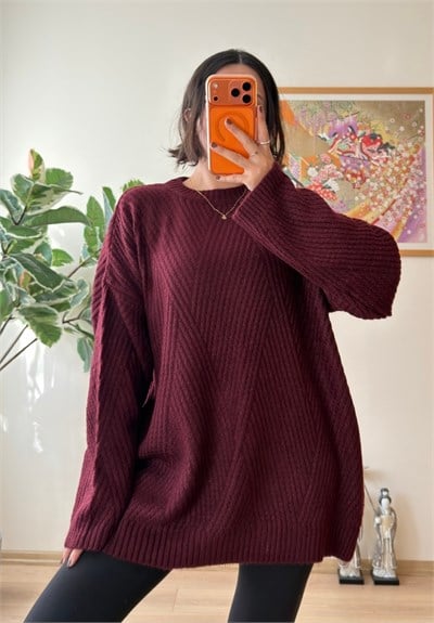 Riane Çizgi Detalı Oversize Kazak Bordo