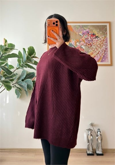 Riane Çizgi Detalı Oversize Kazak Bordo