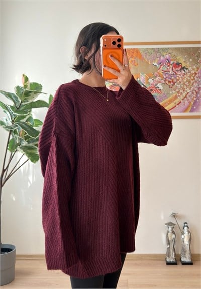 Riane Çizgi Detalı Oversize Kazak Bordo