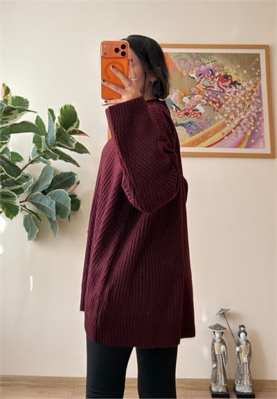 Riane Çizgi Detalı Oversize Kazak Bordo