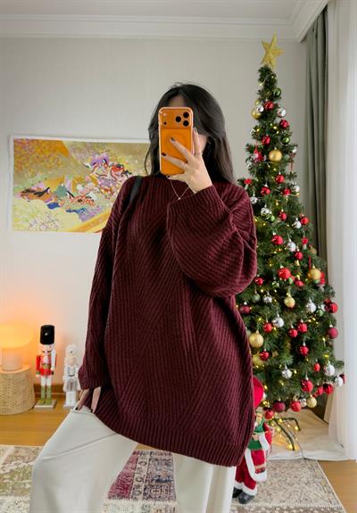 Riane Çizgi Detalı Oversize Kazak Bordo