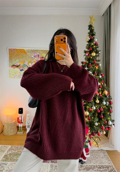 Riane Çizgi Detalı Oversize Kazak Bordo