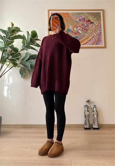 Riane Çizgi Detalı Oversize Kazak Bordo