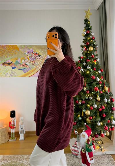 Riane Çizgi Detalı Oversize Kazak Bordo