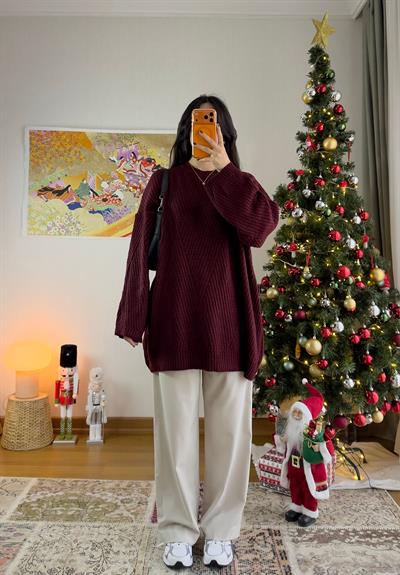 Riane Çizgi Detalı Oversize Kazak Bordo