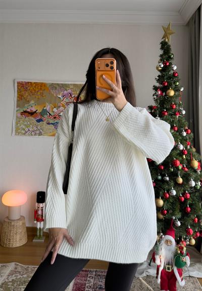 Riane Çizgi Detalı Oversize Kazak Ekru