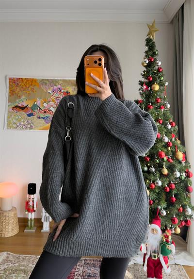 Riane Çizgi Detalı Oversize Kazak Füme