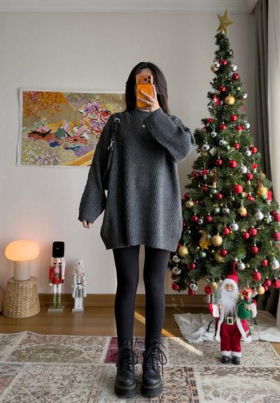 Riane Çizgi Detalı Oversize Kazak Füme
