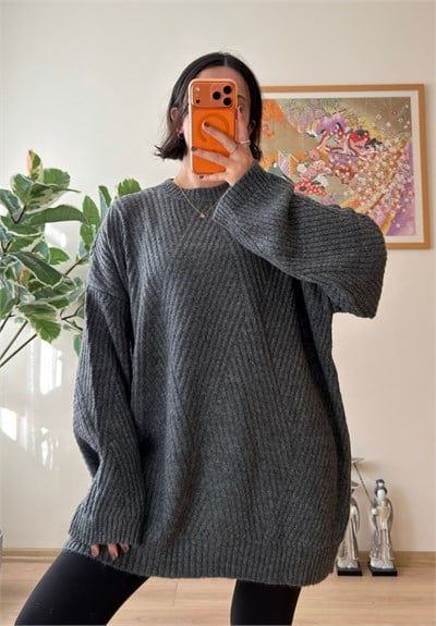 Riane Çizgi Detalı Oversize Kazak Füme