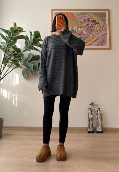 Riane Çizgi Detalı Oversize Kazak Füme
