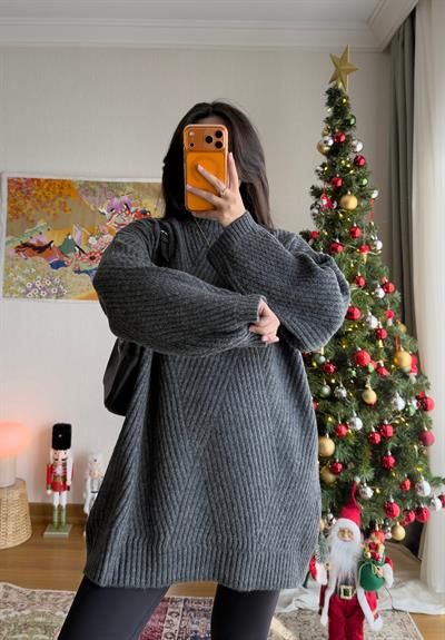 Riane Çizgi Detalı Oversize Kazak Füme