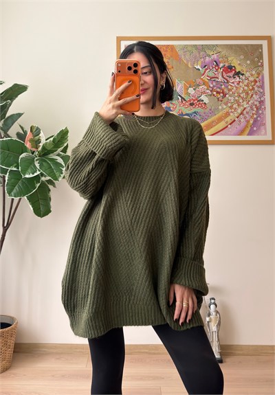 Riane Çizgi Detalı Oversize Kazak Haki