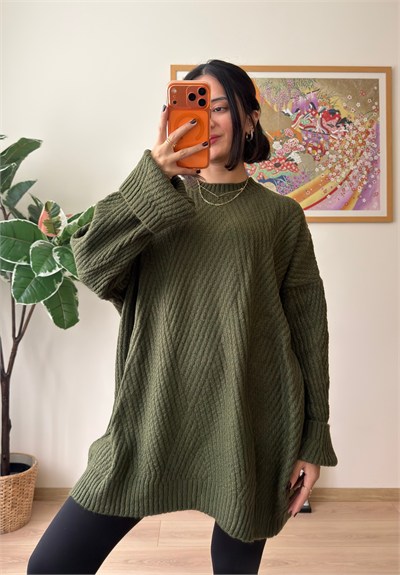 Riane Çizgi Detalı Oversize Kazak Haki