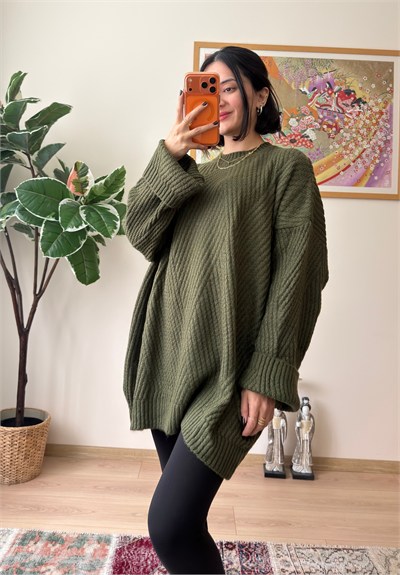 Riane Çizgi Detalı Oversize Kazak Haki