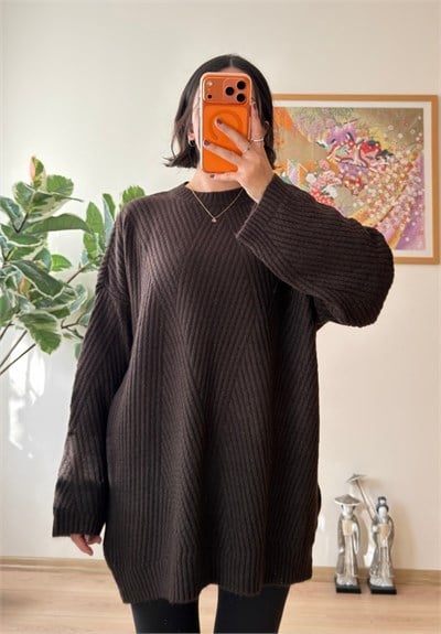 Riane Çizgi Detalı Oversize Kazak Kahve