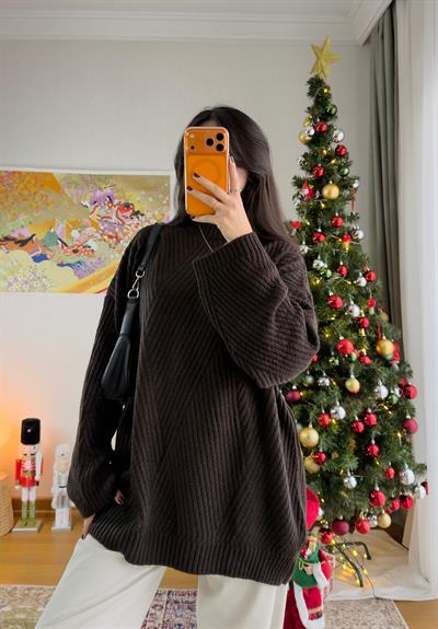 Riane Çizgi Detalı Oversize Kazak Kahve