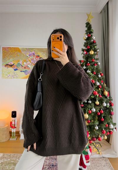 Riane Çizgi Detalı Oversize Kazak Kahve