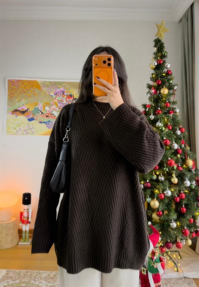 Riane Çizgi Detalı Oversize Kazak Kahve