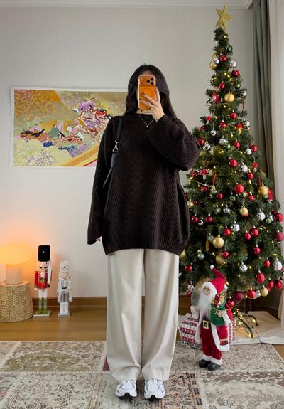Riane Çizgi Detalı Oversize Kazak Kahve