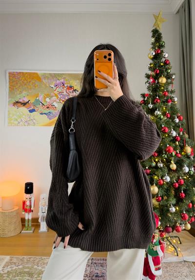 Riane Çizgi Detalı Oversize Kazak Kahve