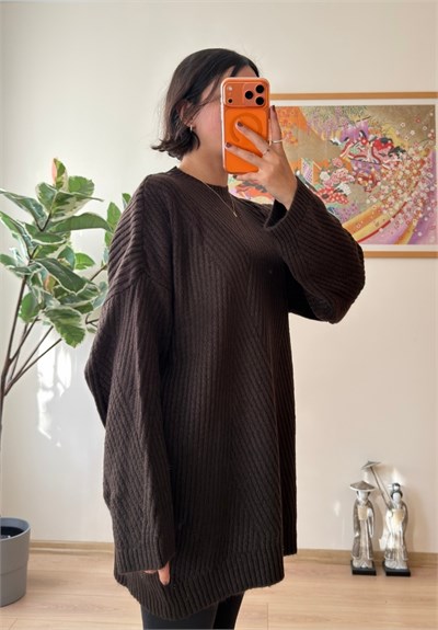 Riane Çizgi Detalı Oversize Kazak Kahve