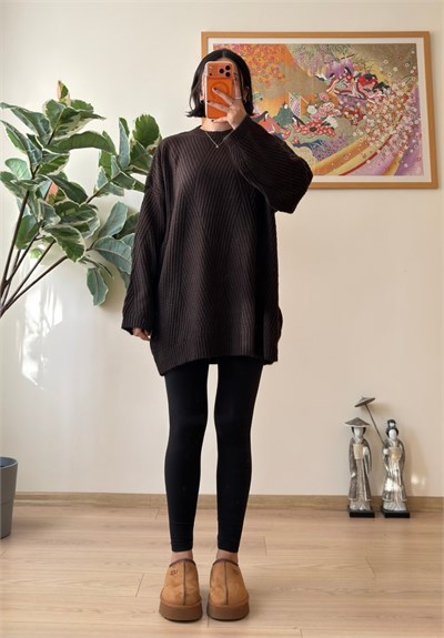 Riane Çizgi Detalı Oversize Kazak Kahve