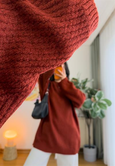 Riane Çizgi Detalı Oversize Kazak Kiremit