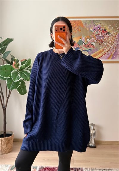 Riane Çizgi Detalı Oversize Kazak Lacivert