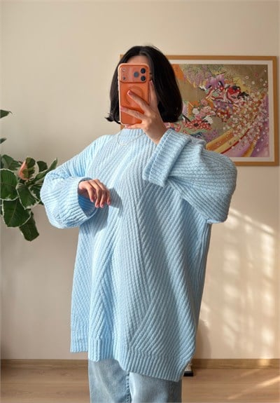 Riane Çizgi Detalı Oversize Kazak Mavi