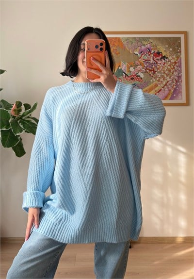Riane Çizgi Detalı Oversize Kazak Mavi