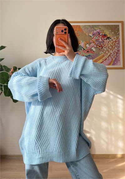 Riane Çizgi Detalı Oversize Kazak Mavi