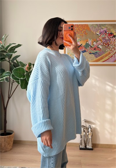 Riane Çizgi Detalı Oversize Kazak Mavi