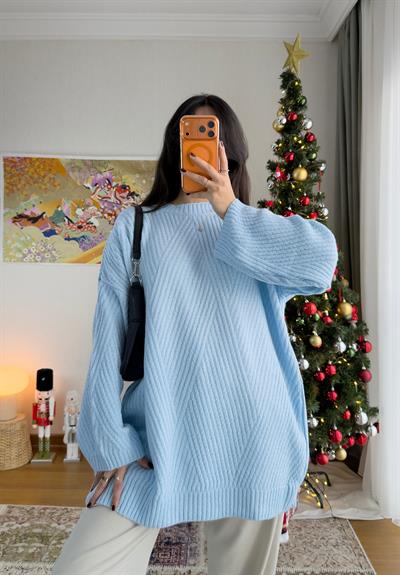 Riane Çizgi Detalı Oversize Kazak Mavi
