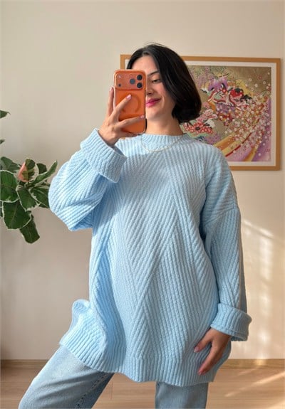 Riane Çizgi Detalı Oversize Kazak Mavi