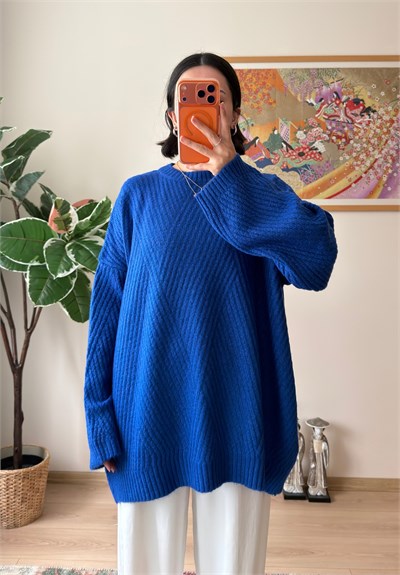 Riane Çizgi Detalı Oversize Kazak Saks Mavisi