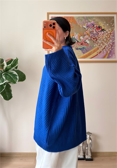Riane Çizgi Detalı Oversize Kazak Saks Mavisi