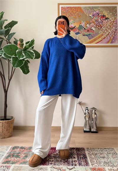 Riane Çizgi Detalı Oversize Kazak Saks Mavisi