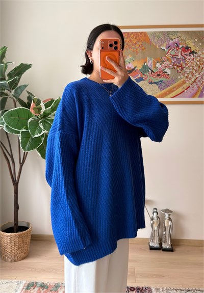 Riane Çizgi Detalı Oversize Kazak Saks Mavisi