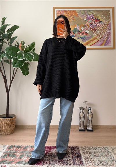 Riane Çizgi Detalı Oversize Kazak Siyah