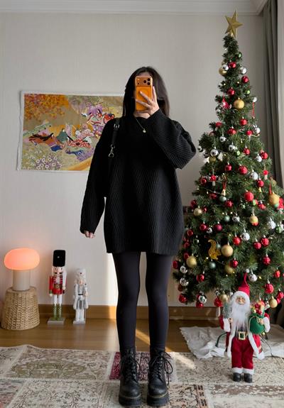 Riane Çizgi Detalı Oversize Kazak Siyah