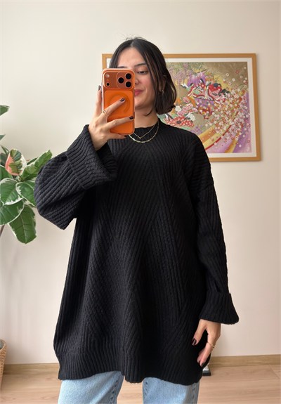 Riane Çizgi Detalı Oversize Kazak Siyah