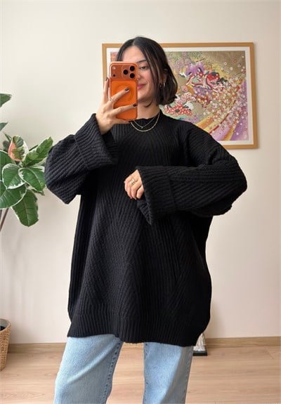 Riane Çizgi Detalı Oversize Kazak Siyah