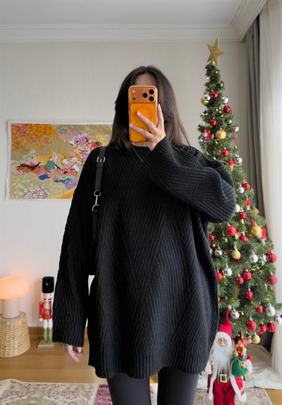 Riane Çizgi Detalı Oversize Kazak Siyah