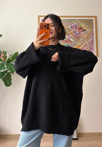Riane Çizgi Detalı Oversize Kazak Siyah
